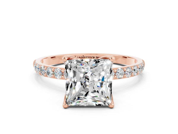 Rose gold Princess Cut Moissanite Solitaire Engagement Ring with Round  Pavé Band and Prong Setting