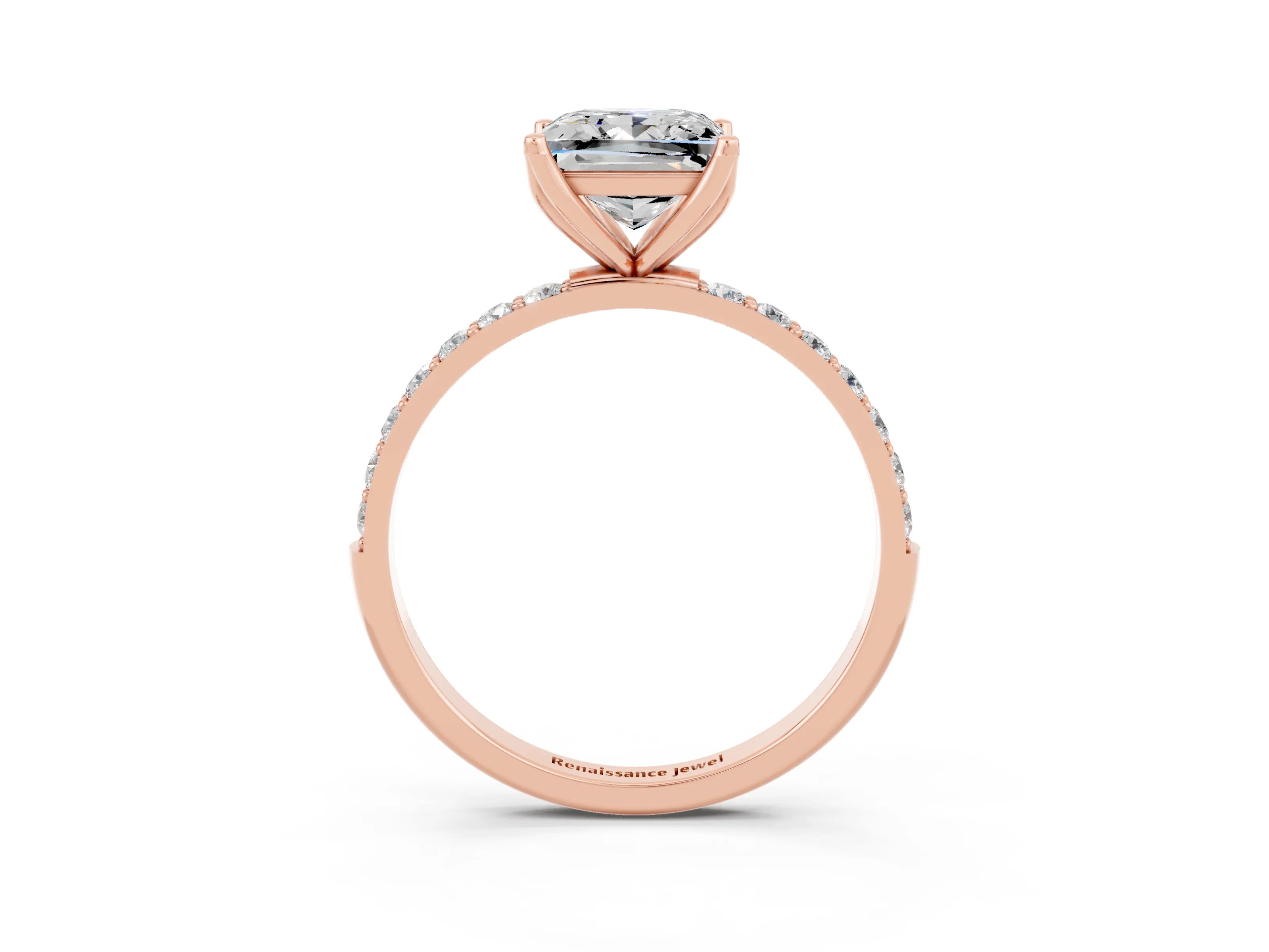 Rose gold Princess Cut Moissanite Solitaire Engagement Ring with Pavé Band and Prong Setting_3