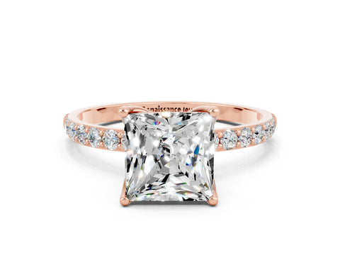 Rose gold Princess Cut Moissanite Solitaire Engagement Ring with Pavé Band and Prong Setting
