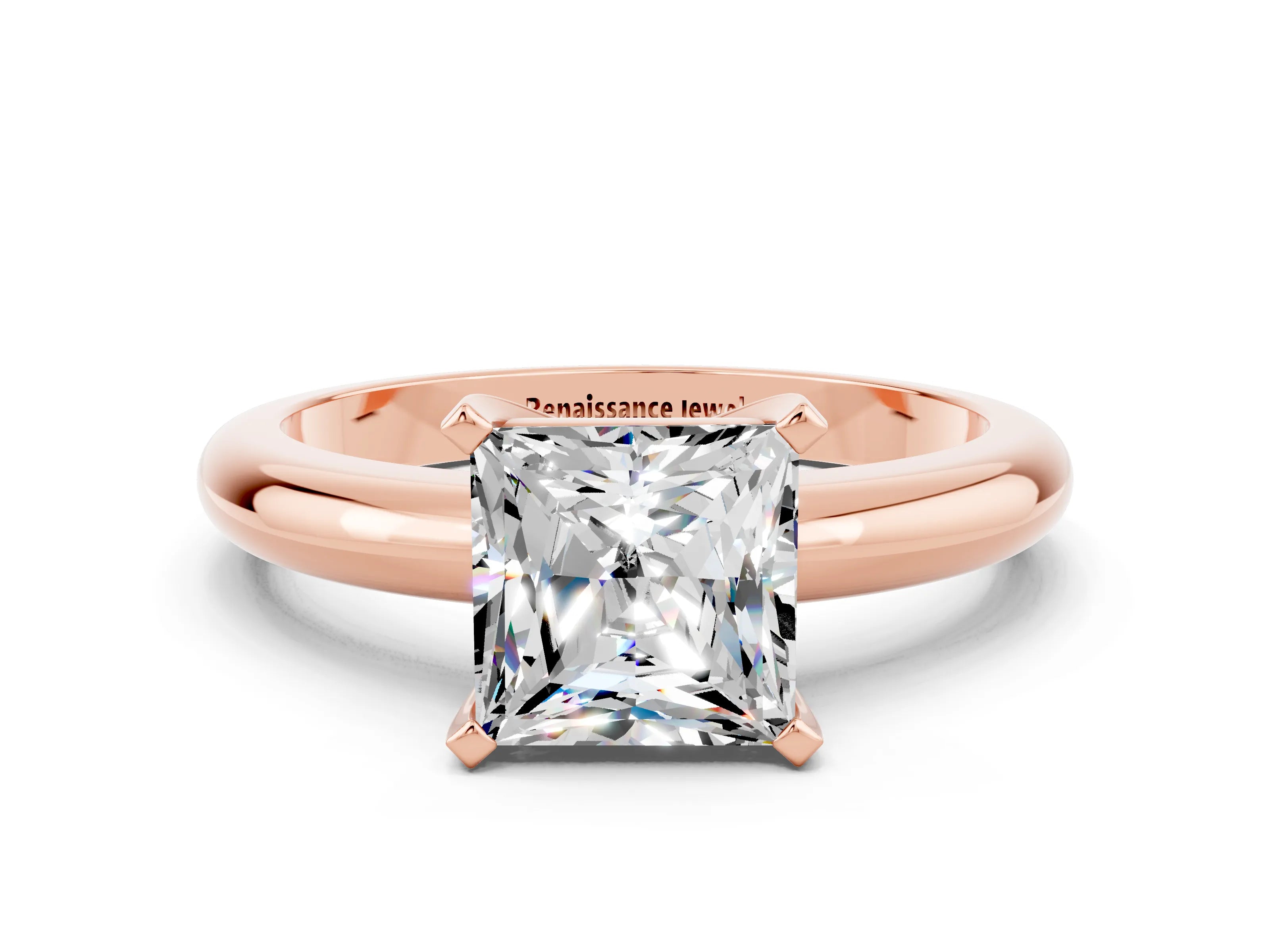 Rose gold Princess Cut Moissanite Solitaire Engagement Ring with Round Band and Four-Prong Setting