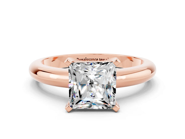 Rose gold Princess Cut Moissanite Solitaire Engagement Ring with Round Band and Four-Prong Setting