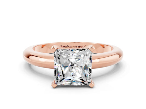 Rose gold Princess Cut Moissanite Solitaire Engagement Ring with Round Band and Four-Prong Setting