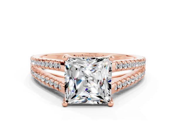 Rose gold Princess Cut Moissanite Solitaire Engagement Ring with Split Shank Pavé Band