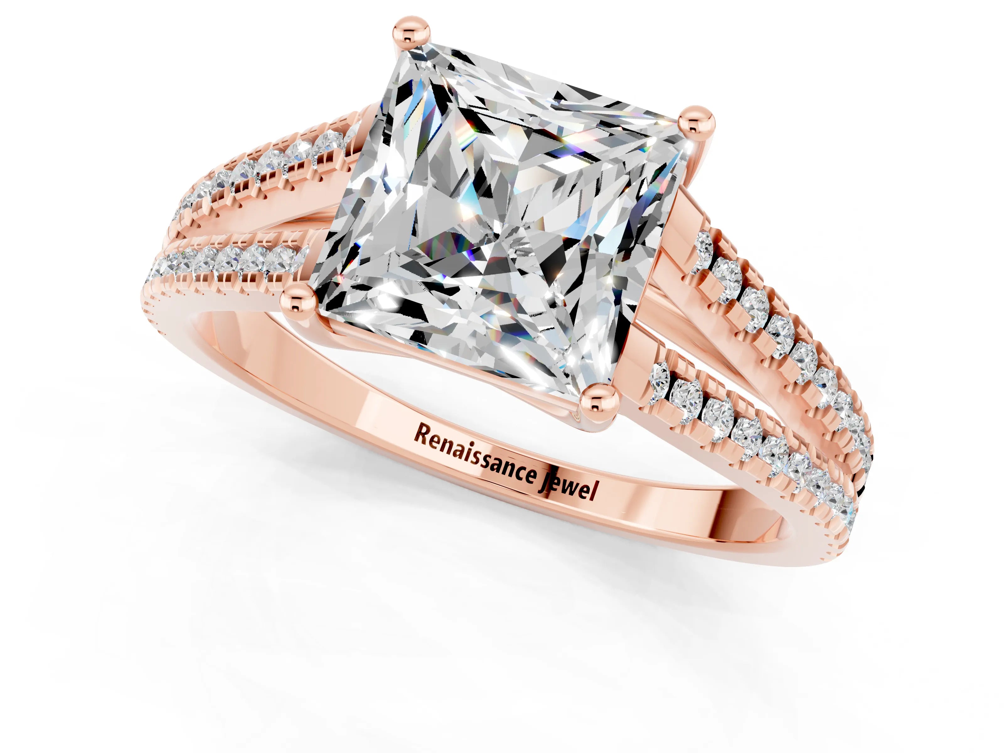Rose gold Princess Cut Moissanite Solitaire Engagement Ring with Split Shank Pavé Band_1