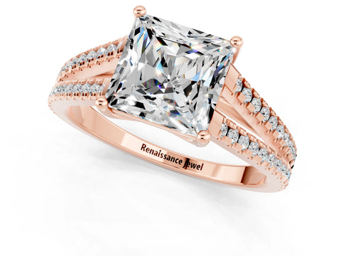 Rose gold Princess Cut Moissanite Solitaire Engagement Ring with Split Shank Pavé Band_1
