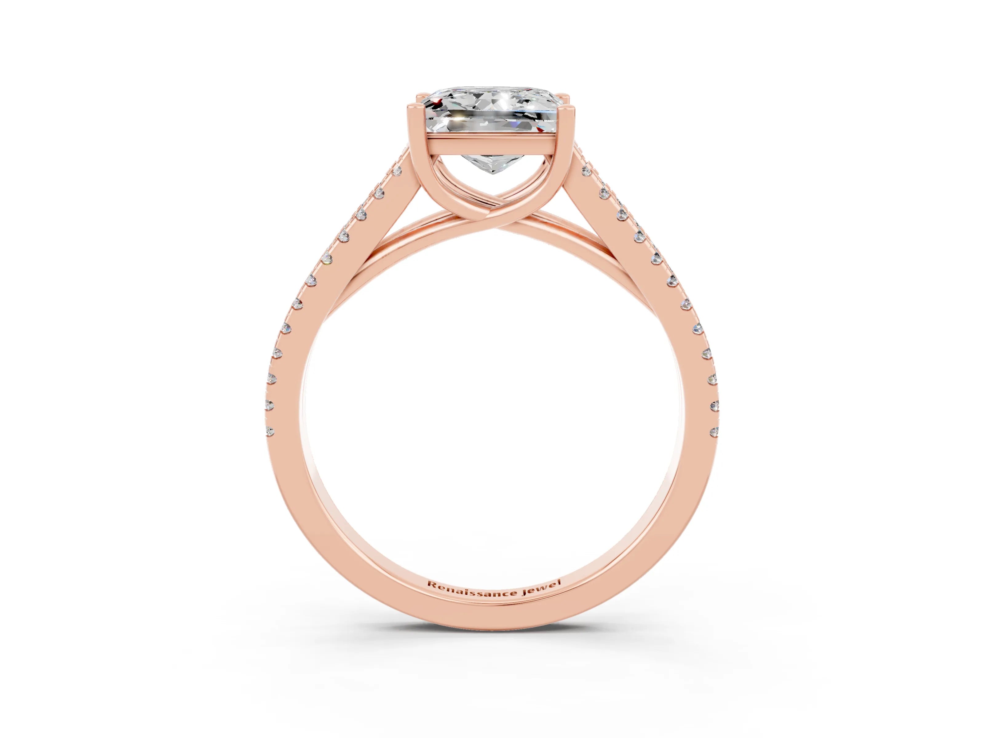 Rose gold Princess Cut Moissanite Solitaire Engagement Ring with Split Shank Pavé Band_3