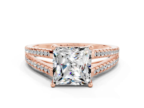 Rose gold Princess Cut Moissanite Solitaire Engagement Ring with Split Shank Pavé Band