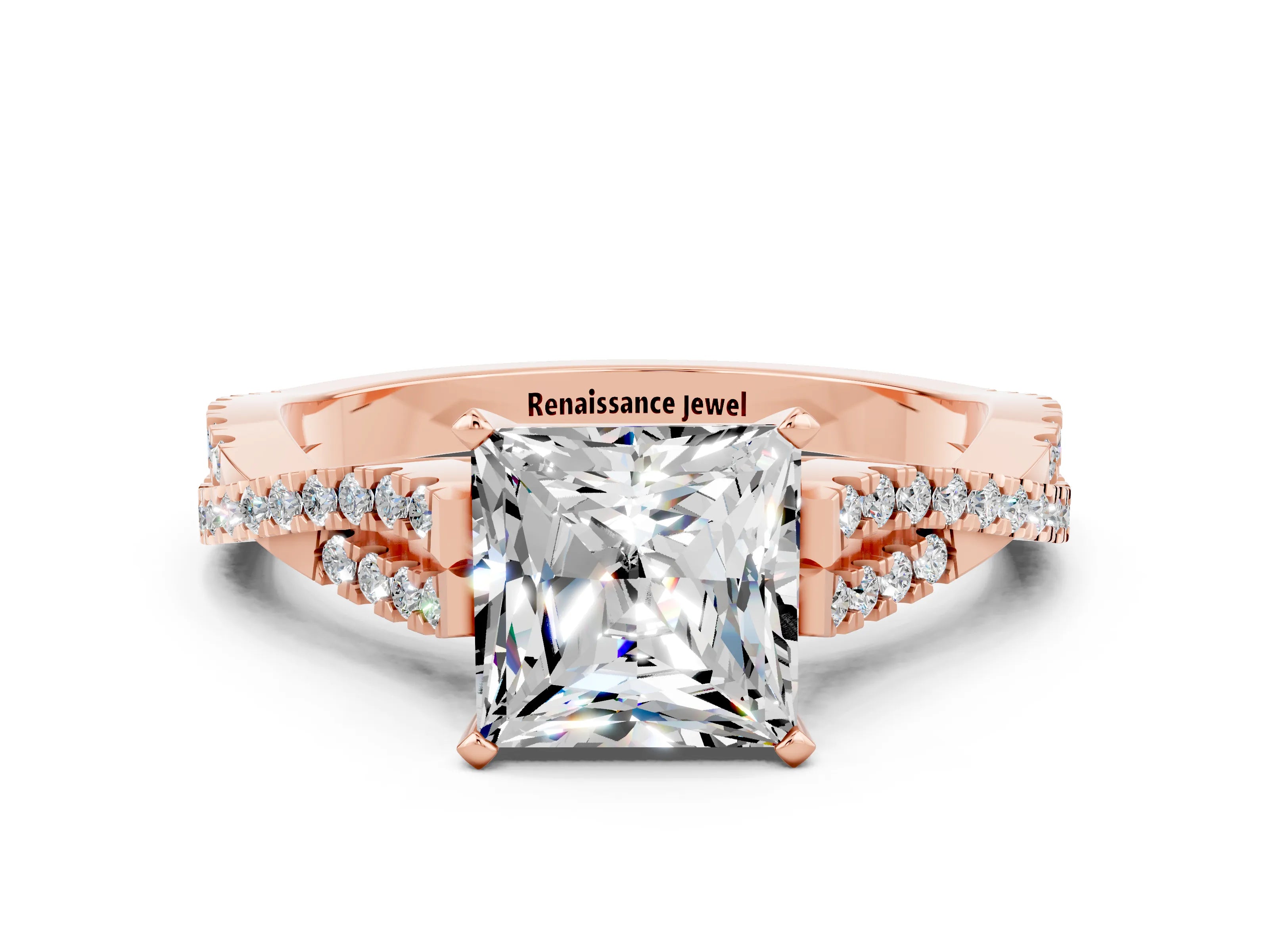 Rose gold Princess Cut Moissanite Solitaire Engagement Ring with Twisted Pavé Band and Four-Prong Setting_12