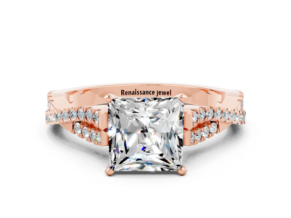 Rose gold Princess Cut Moissanite Solitaire Engagement Ring with Twisted Pavé Band and Four-Prong Setting