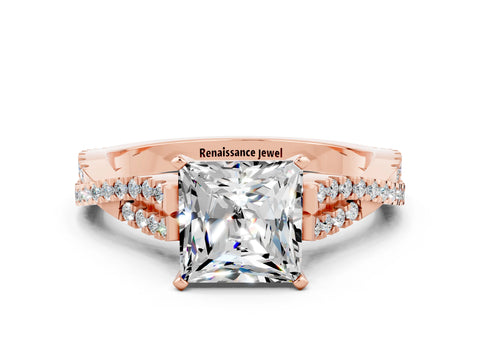 Rose gold Princess Cut Moissanite Solitaire Engagement Ring with Twisted Pavé Band and Four-Prong Setting_12