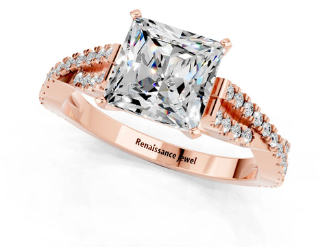Rose gold Princess Cut Moissanite Solitaire Engagement Ring with Twisted Pavé Band and Four-Prong Setting_13