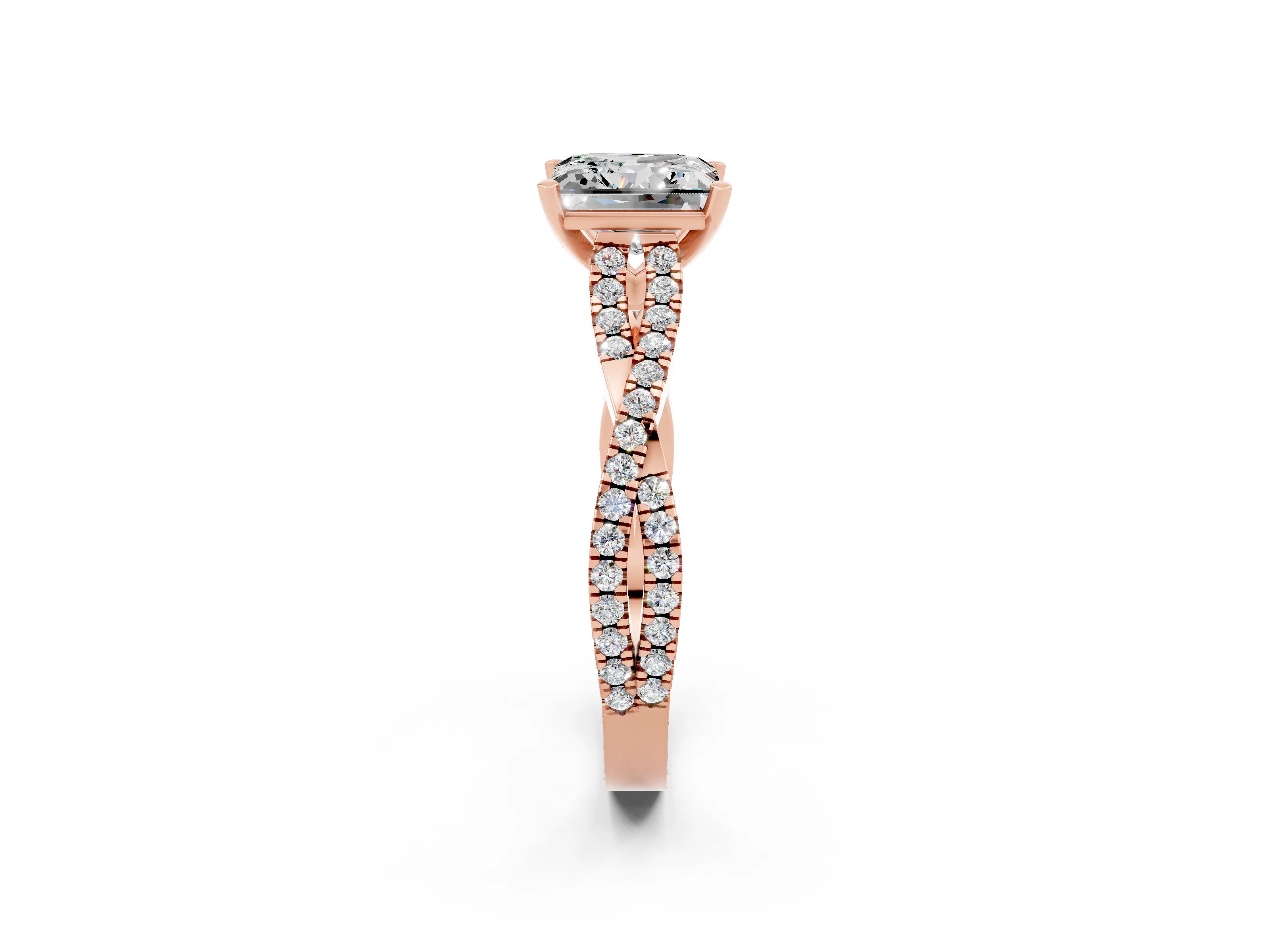 Rose gold Princess Cut Moissanite Solitaire Engagement Ring with Twisted Pavé Band and Four-Prong Setting_14