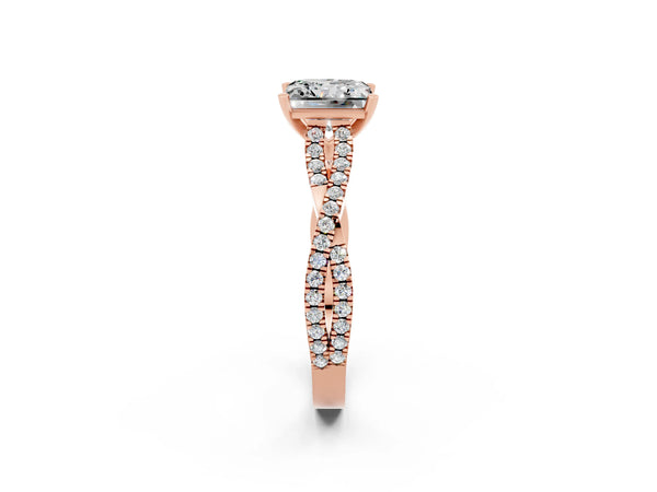 Rose gold Princess Cut Moissanite Solitaire Engagement Ring with Twisted Pavé Band and Four-Prong Setting