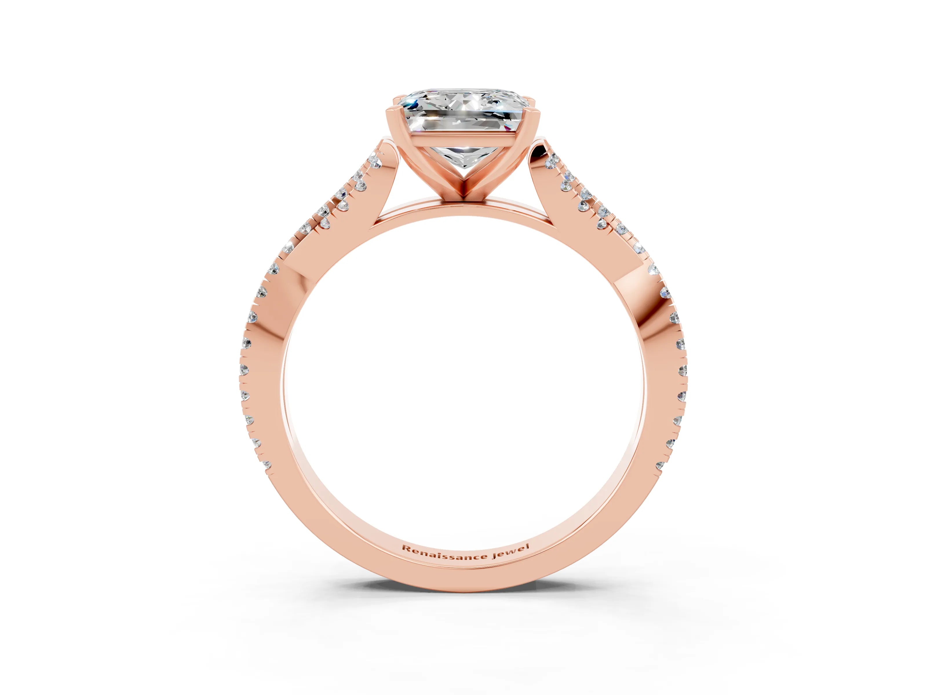 Rose gold Princess Cut Moissanite Solitaire Engagement Ring with Twisted Pavé Band and Four-Prong Setting_15