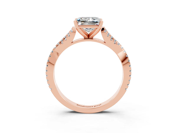 Rose gold Princess Cut Moissanite Solitaire Engagement Ring with Twisted Pavé Band and Four-Prong Setting