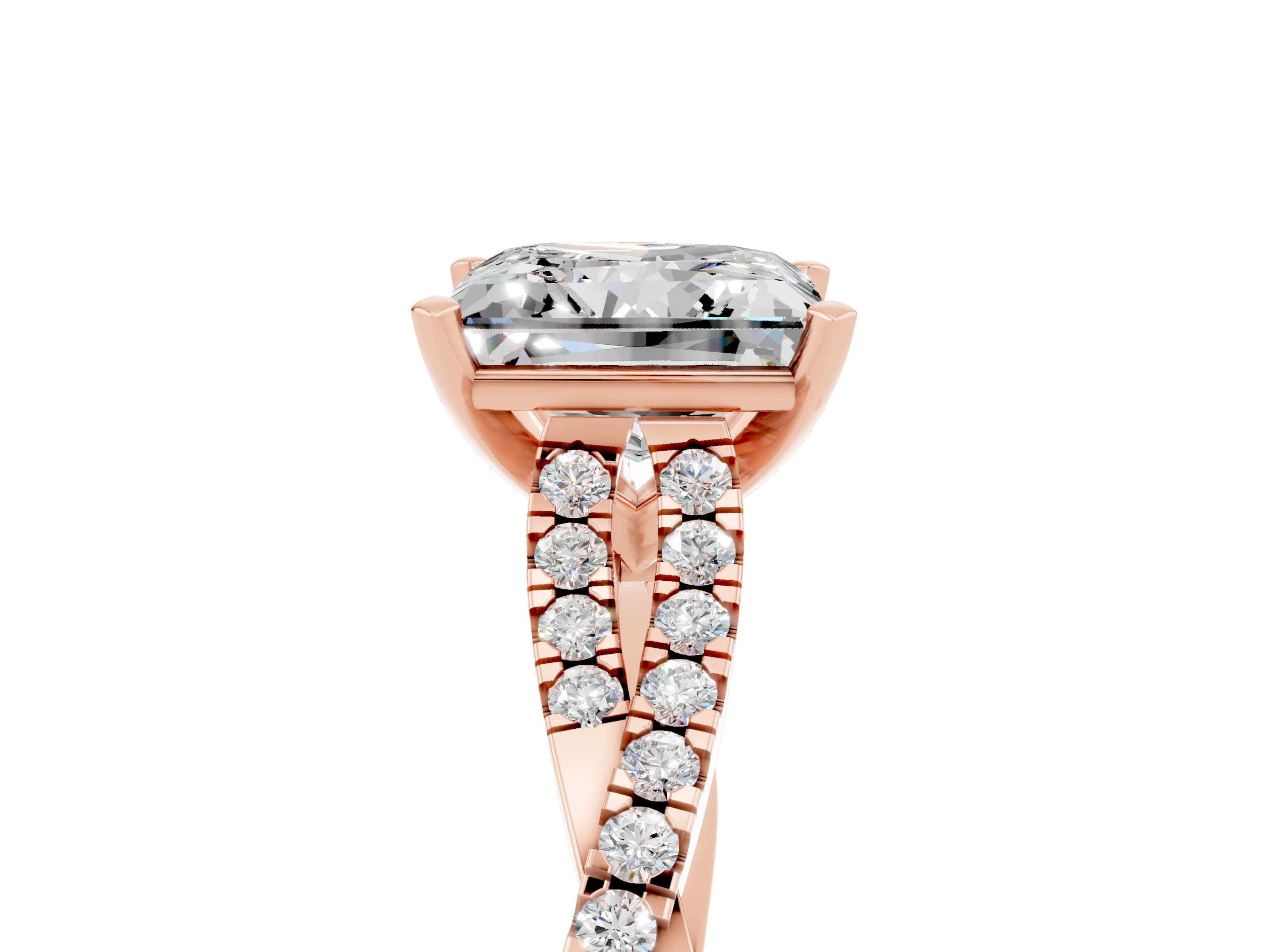 Rose gold Princess Cut Moissanite Solitaire Engagement Ring with Twisted Pavé Band and Four-Prong Setting_17