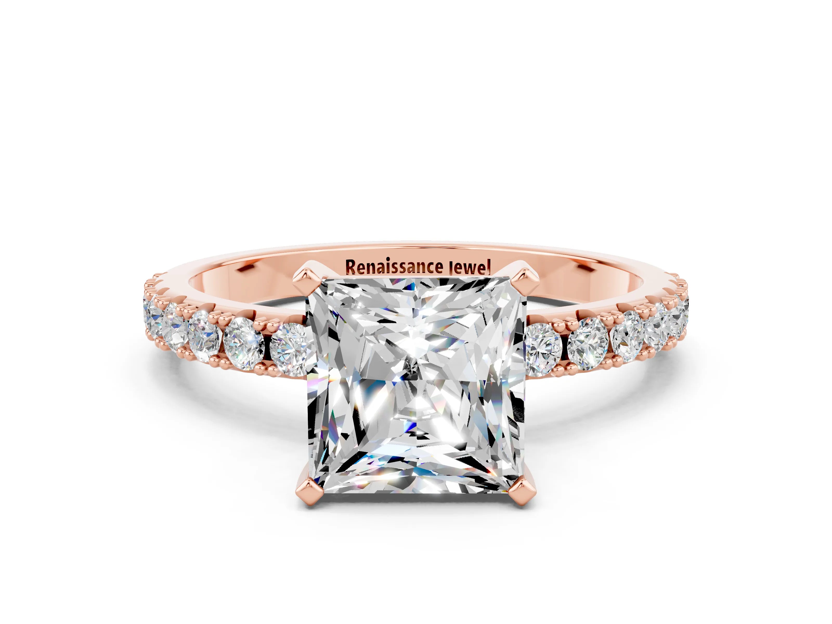 Rose gold Princess Cut Moissanite Solitaire Pavé Band with Four-Prong Setting