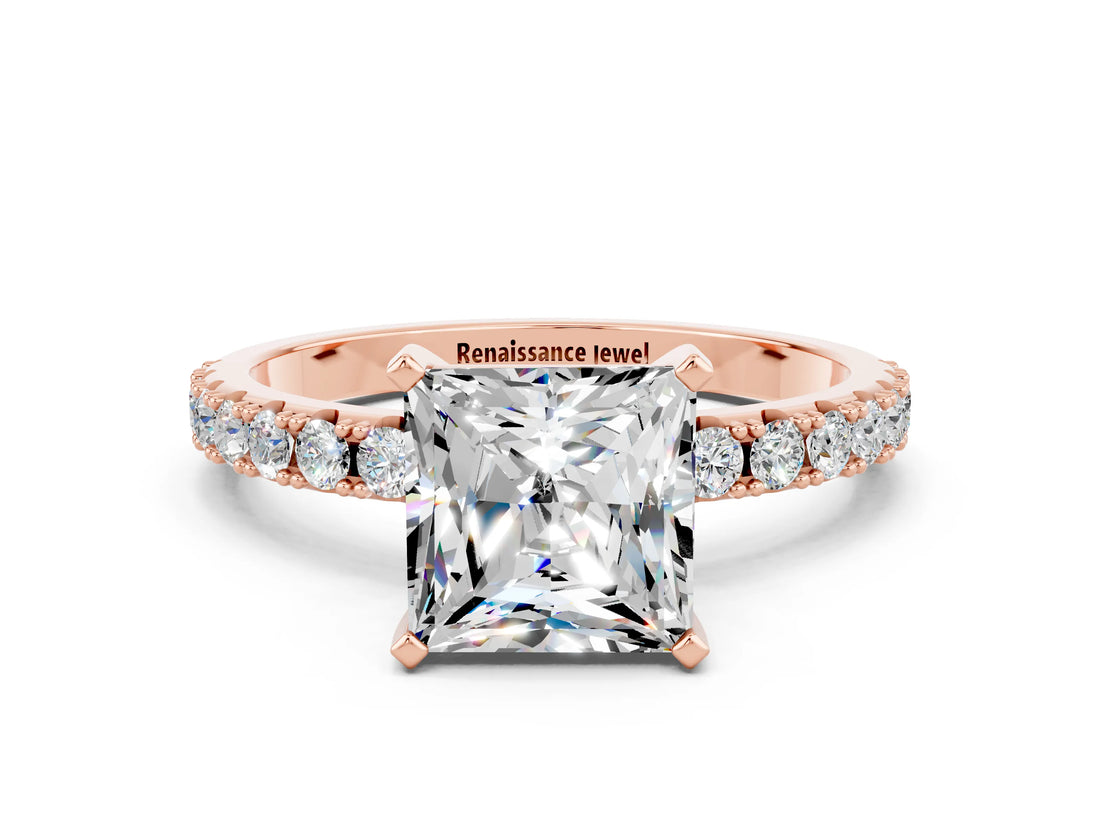 Rose gold Princess Cut Moissanite Solitaire Pavé Band with Four-Prong Setting