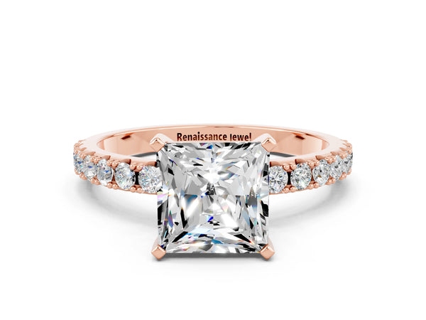 Rose gold Princess Cut Moissanite Solitaire Pavé Band with Four-Prong Setting