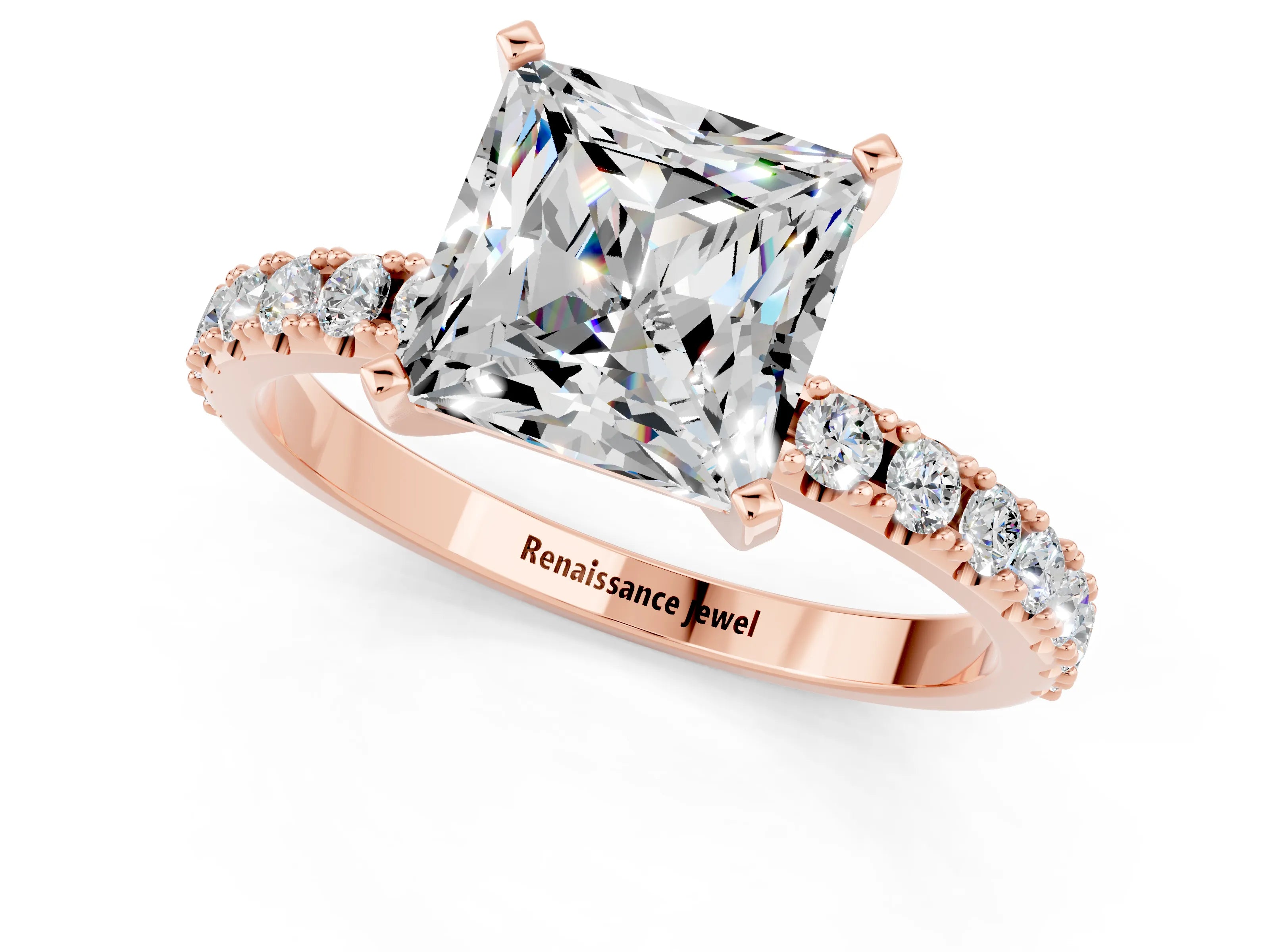 Rose gold Princess Cut Moissanite Solitaire Pavé Band with Four-Prong Setting_1