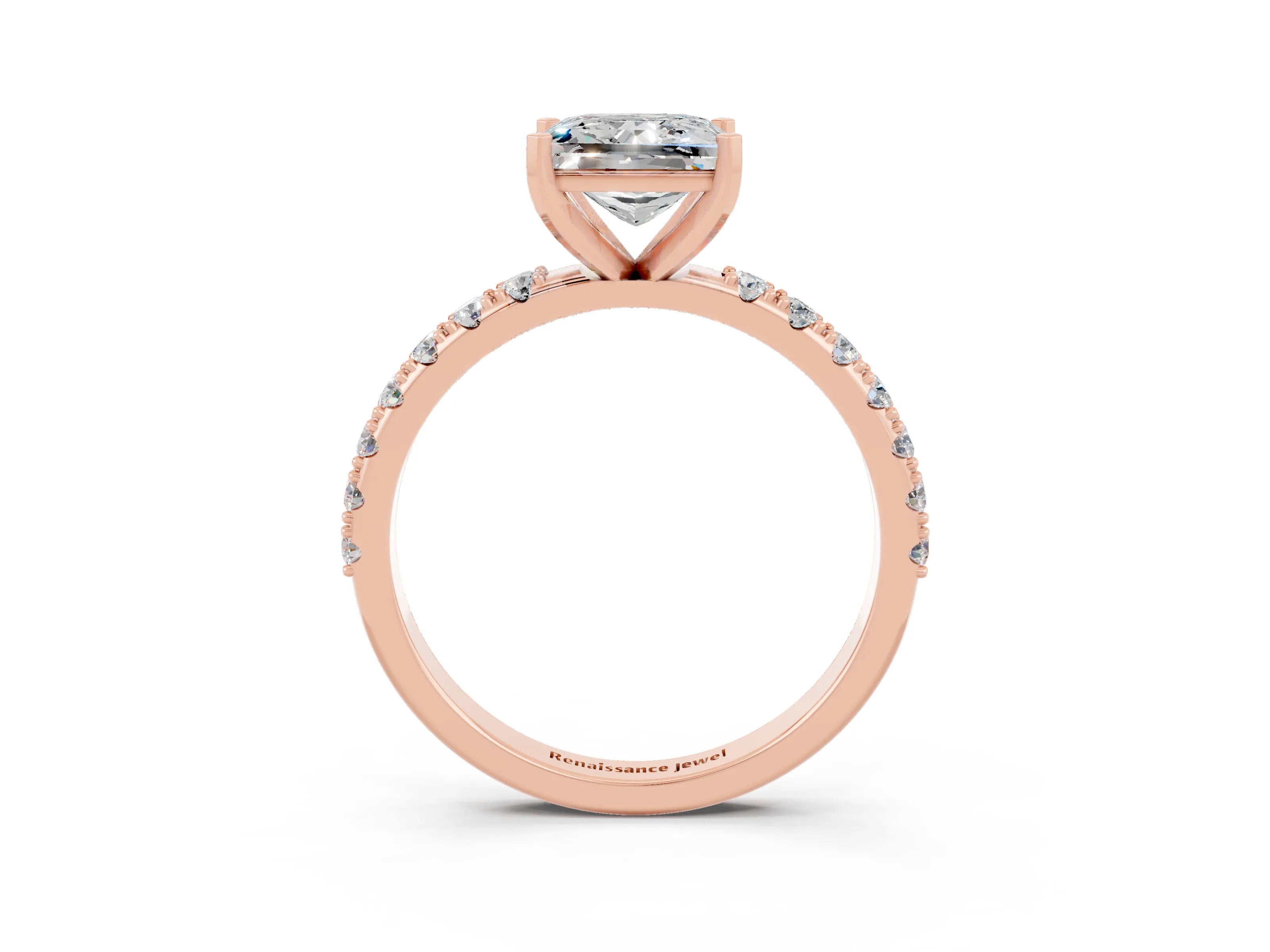 Rose gold Princess Cut Moissanite Solitaire Pavé Band with Four-Prong Setting_3