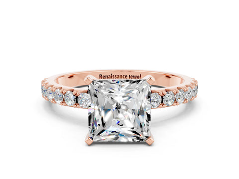 Rose gold Princess Cut Moissanite Solitaire Pavé Band with Four-Prong Setting