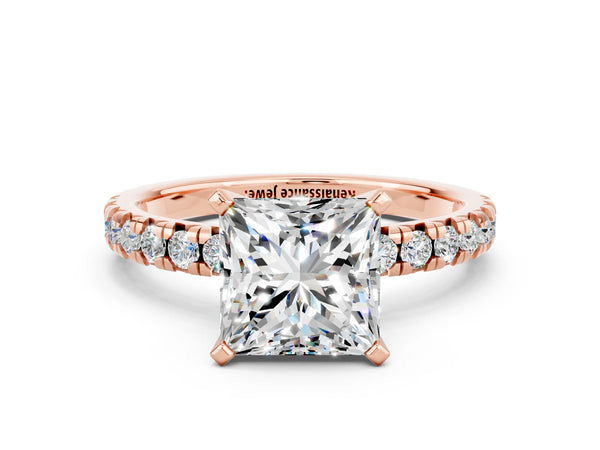 Rose gold Princess Cut Moissanite Solitaire Pavé Engagement Ring with Round Band and Prong Setting