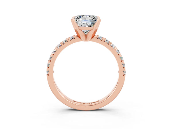 Rose gold Princess Cut Moissanite Solitaire Pavé Engagement Ring with Round Band and Prong Setting