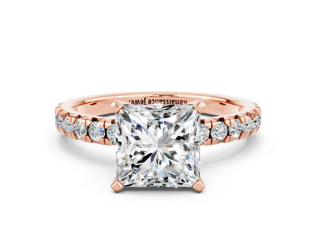 Rose gold Princess Cut Moissanite Solitaire Pavé Engagement Ring with Round Band and Prong Setting_66