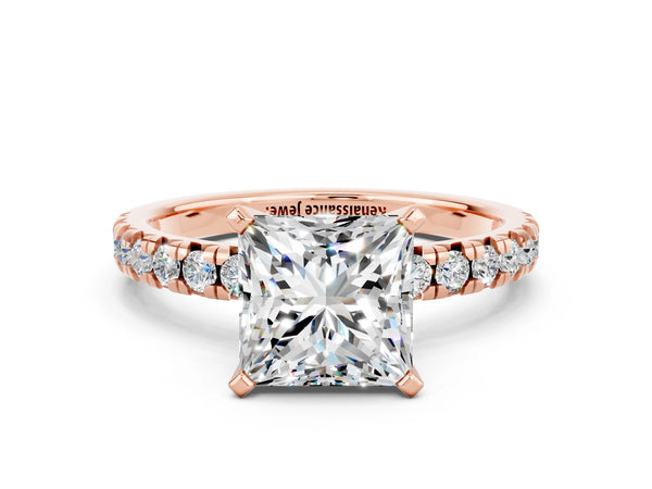 Rose gold Princess Cut Moissanite Solitaire Pavé Engagement Ring with Round Band and Prong Setting
