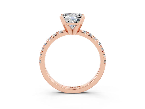 Rose gold Princess Cut Moissanite Solitaire Pavé Engagement Ring with Round Band and Prong Setting