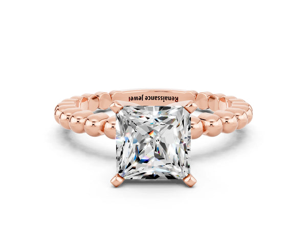 Rose gold Princess Cut Moissanite Solitaire Ring with Beaded Band and Prong Setting