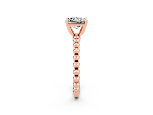 Rose gold Princess Cut Moissanite Solitaire Ring with Beaded Band and Prong Setting