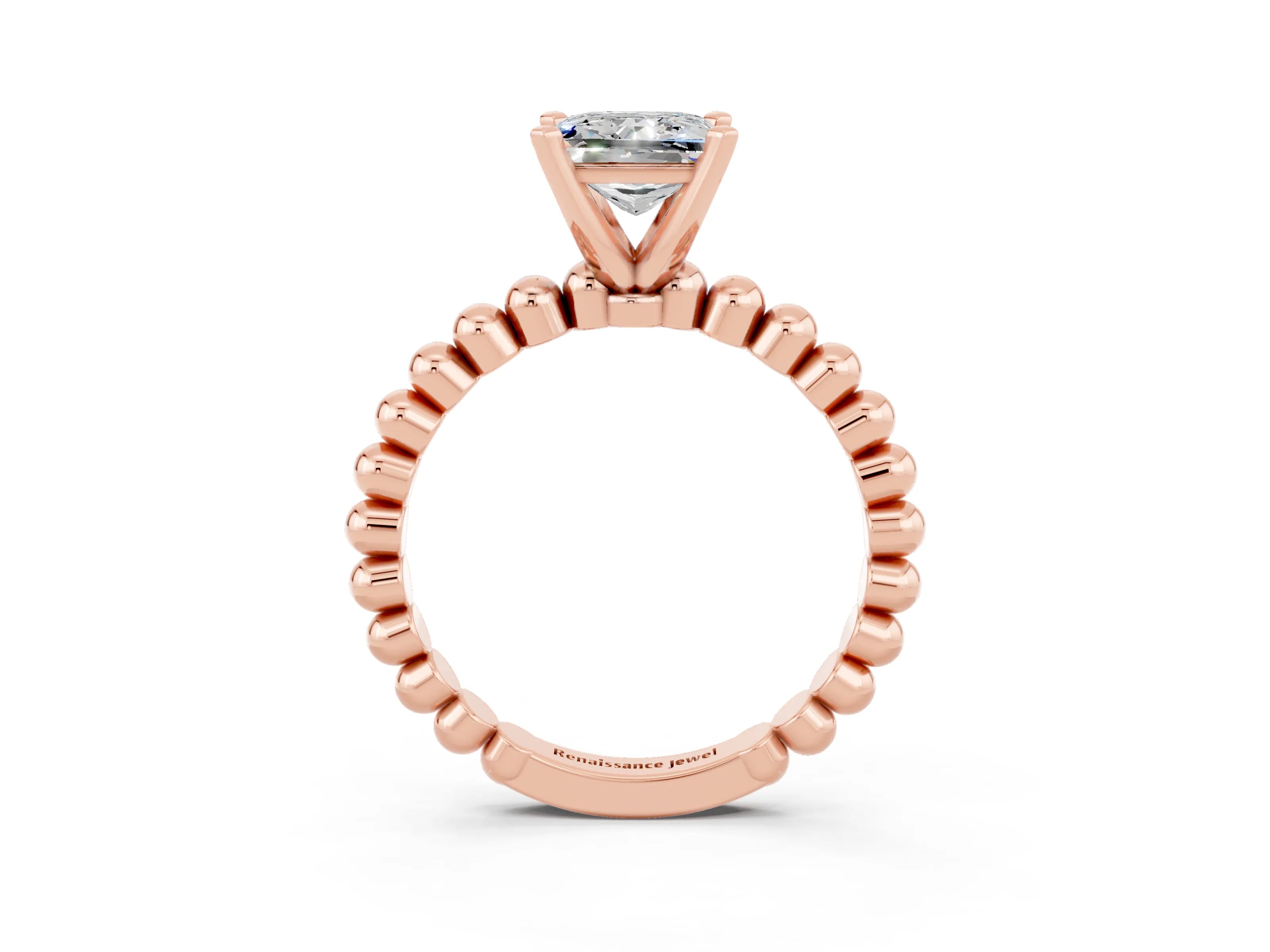 Rose gold Princess Cut Moissanite Solitaire Ring with Beaded Band and Prong Setting_3