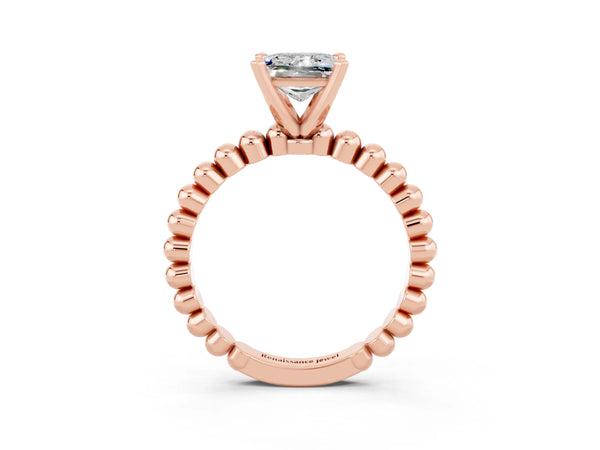 Rose gold Princess Cut Moissanite Solitaire Ring with Beaded Band and Prong Setting