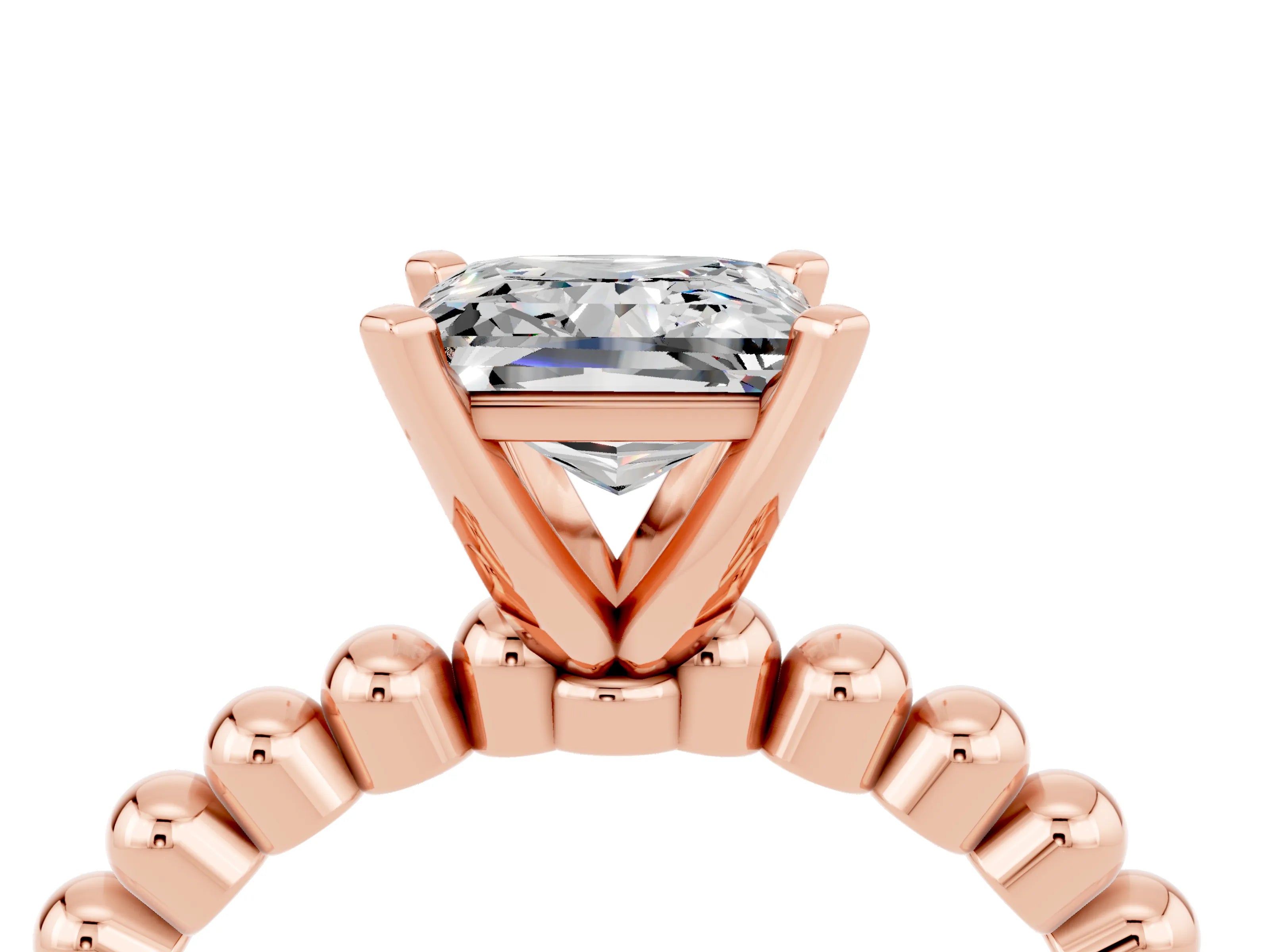 Rose gold Princess Cut Moissanite Solitaire Ring with Beaded Band and Prong Setting_4