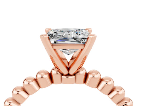 Rose gold Princess Cut Moissanite Solitaire Ring with Beaded Band and Prong Setting_4