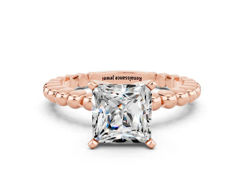 Rose gold Princess Cut Moissanite Solitaire Ring with Beaded Band and Prong Setting