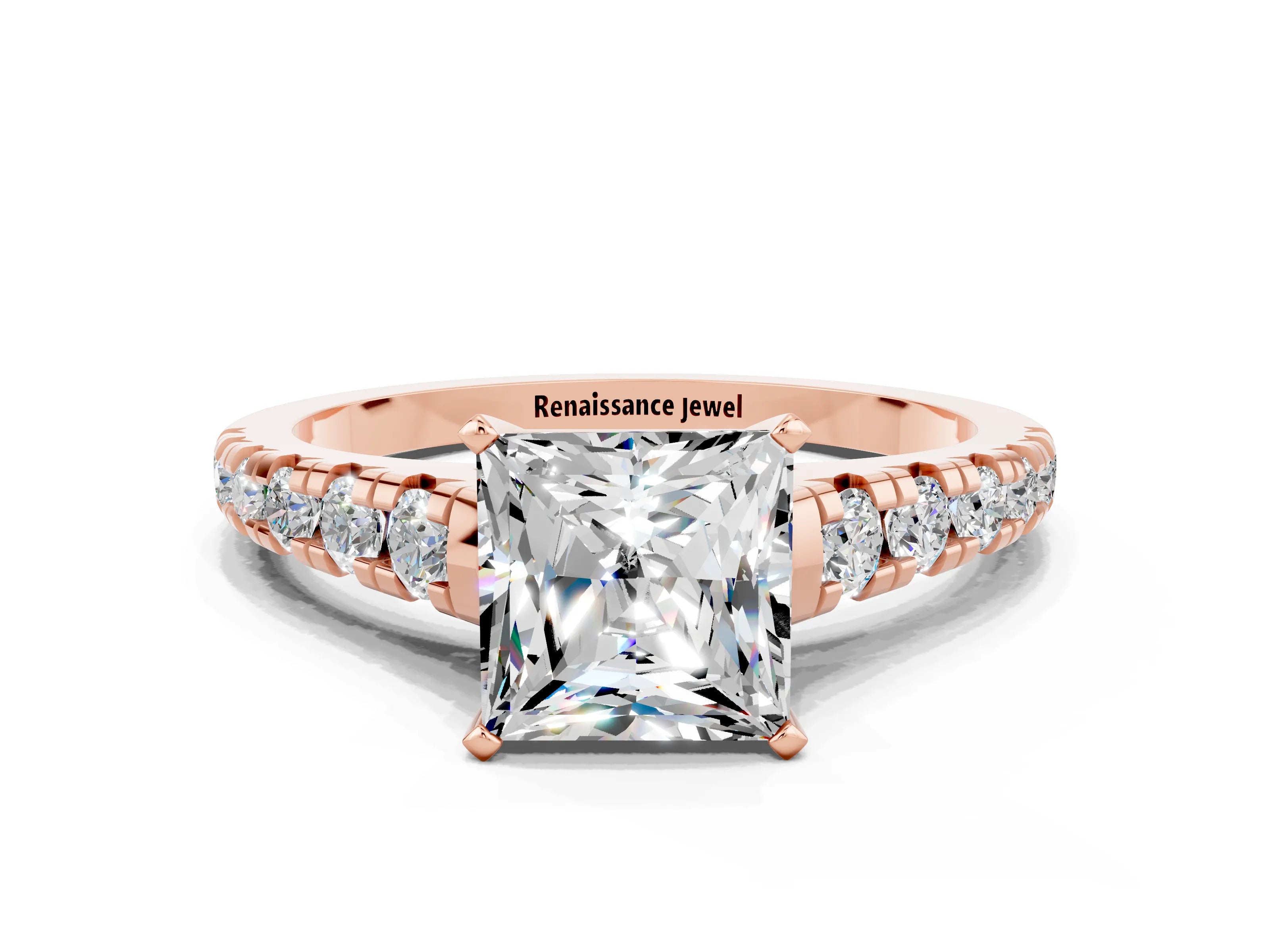Rose gold Princess Cut Moissanite Solitaire Ring with Cathedral Setting and Pavé Band