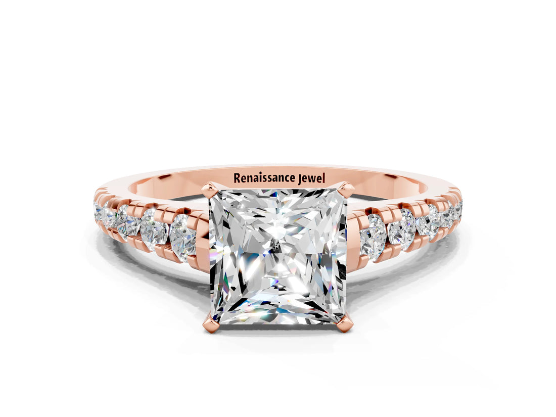 Rose gold Princess Cut Moissanite Solitaire Ring with Cathedral Setting and Pavé Band