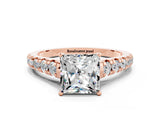 Rose gold Princess Cut Moissanite Solitaire Ring with Cathedral Setting and Pavé Band