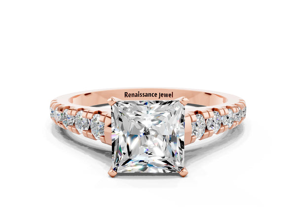 Rose gold Princess Cut Moissanite Cathedral Solitaire Ring with Round  Pavé Band
