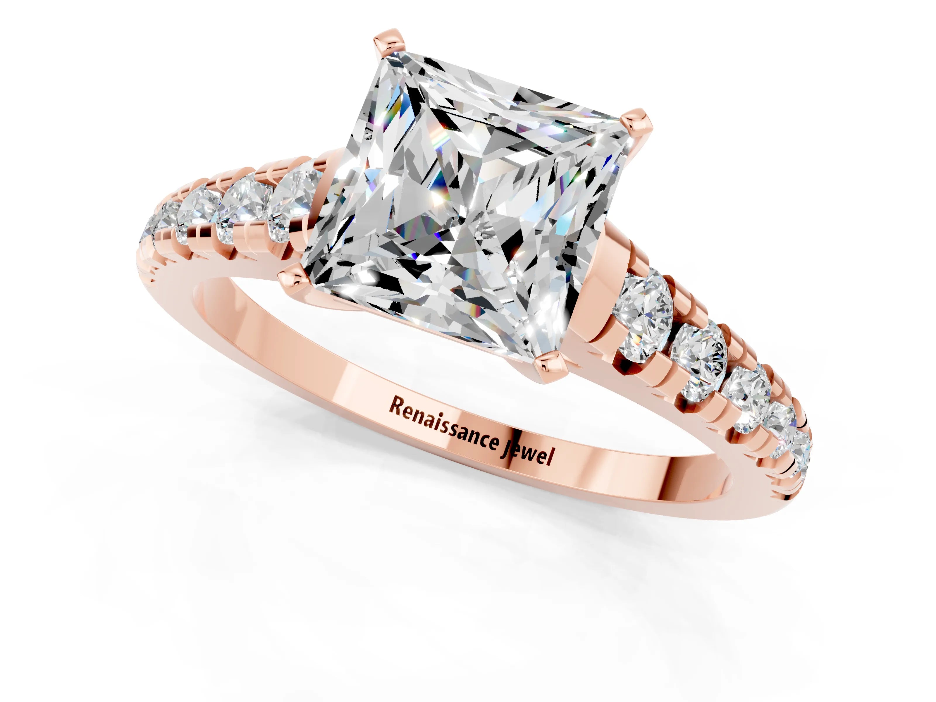 Rose gold Princess Cut Moissanite Solitaire Ring with Cathedral Setting and Pavé Band_1