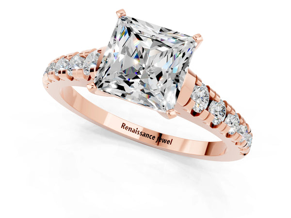 Rose gold Princess Cut Moissanite Cathedral Solitaire Ring with Round  Pavé Band