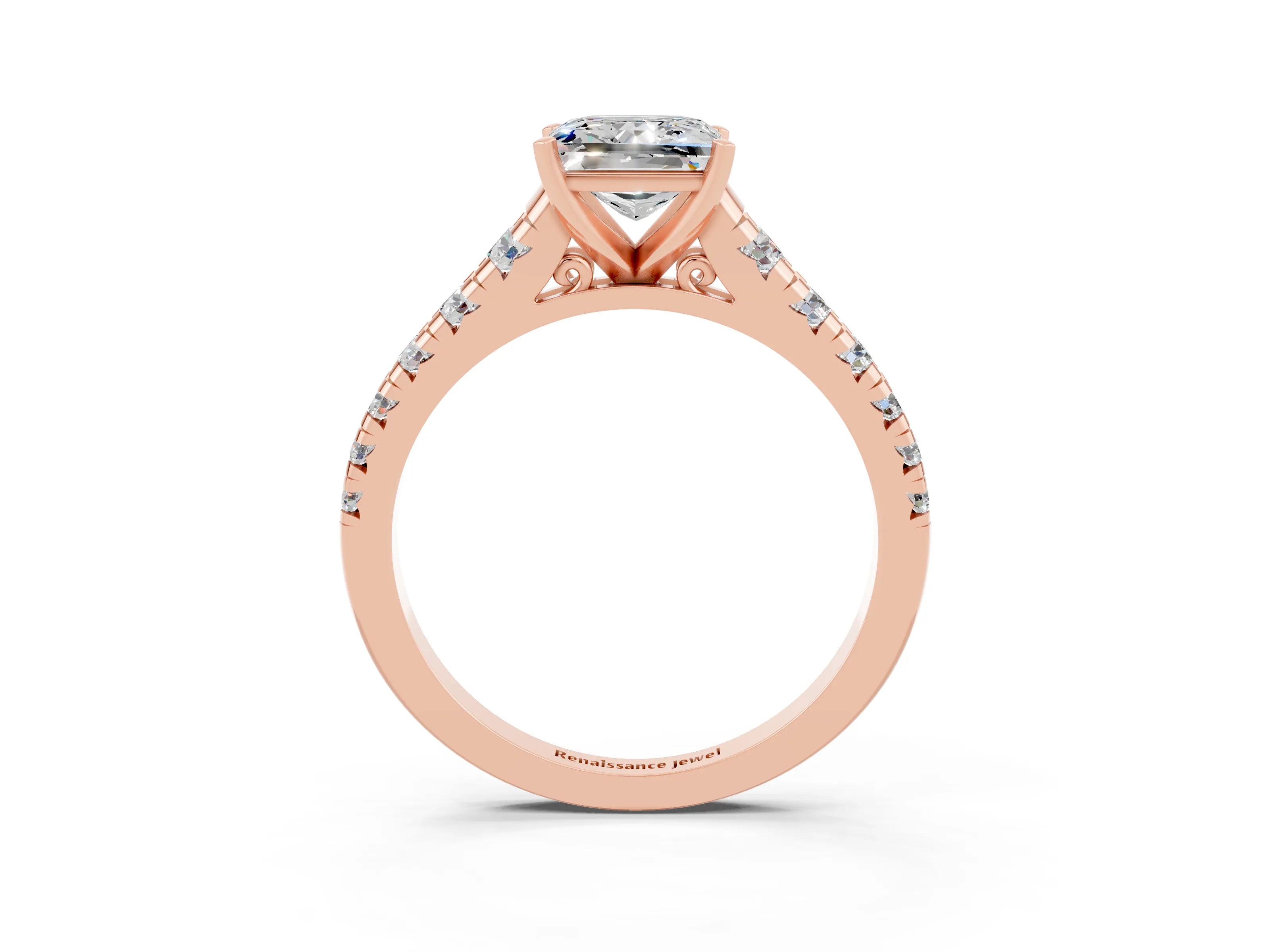 Rose gold Princess Cut Moissanite Solitaire Ring with Cathedral Setting and Pavé Band_3