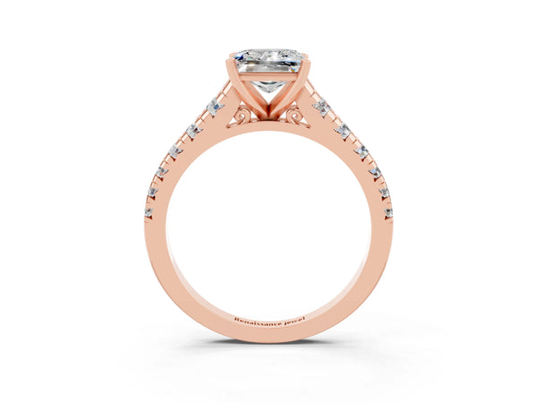 Rose gold Princess Cut Moissanite Cathedral Solitaire Ring with Round  Pavé Band