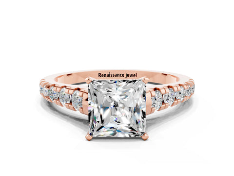 Rose gold Princess Cut Moissanite Solitaire Ring with Cathedral Setting and Pavé Band