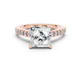 Rose gold Princess Cut Moissanite Solitaire Ring with Crossover Gallery and Round  Pavé Band_12