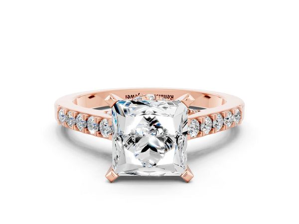 Rose gold Princess Cut Moissanite Solitaire Ring with Crossover Gallery and Round  Pavé Band