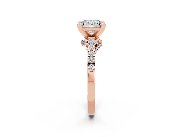Rose gold Princess Cut Moissanite Solitaire Ring with Crossover Gallery and Round  Pavé Band